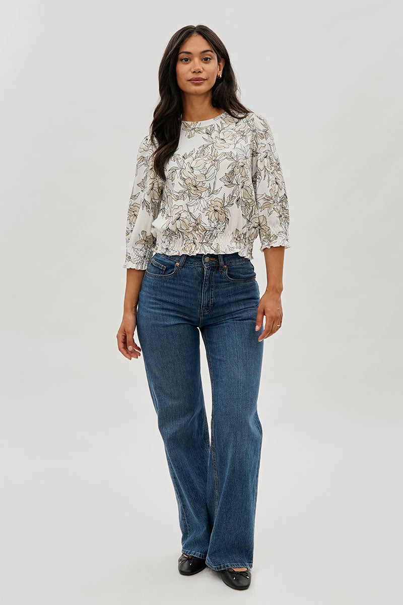 Runaway Bay Floral Smocked Hem Blouse - White - Womens Shirts & Blouses - Fairweather