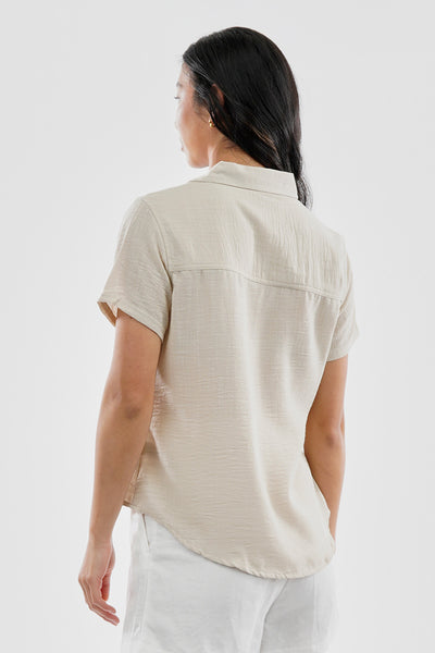 Super Triple Goose Vintage Short Sleeve Button Up Textured Shirt - Cream - Womens Shirts & Blouses - Fairweather