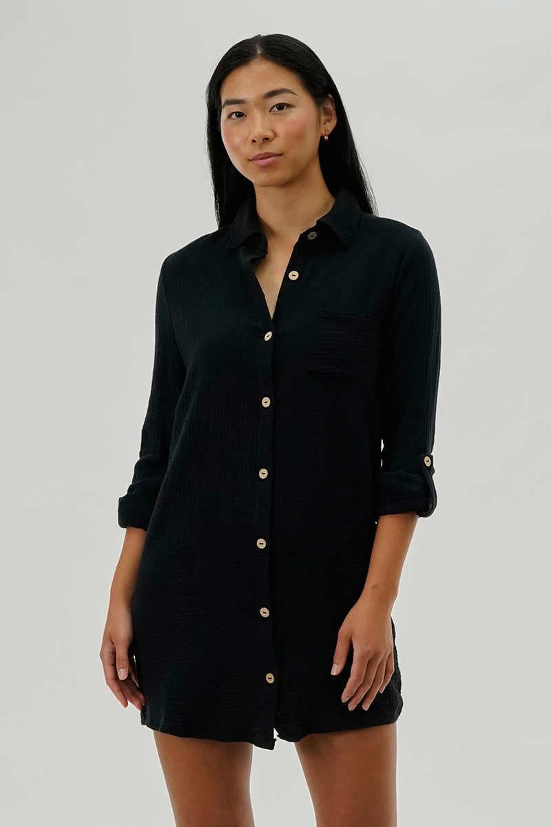 Impress Button Up Day Dress - Black