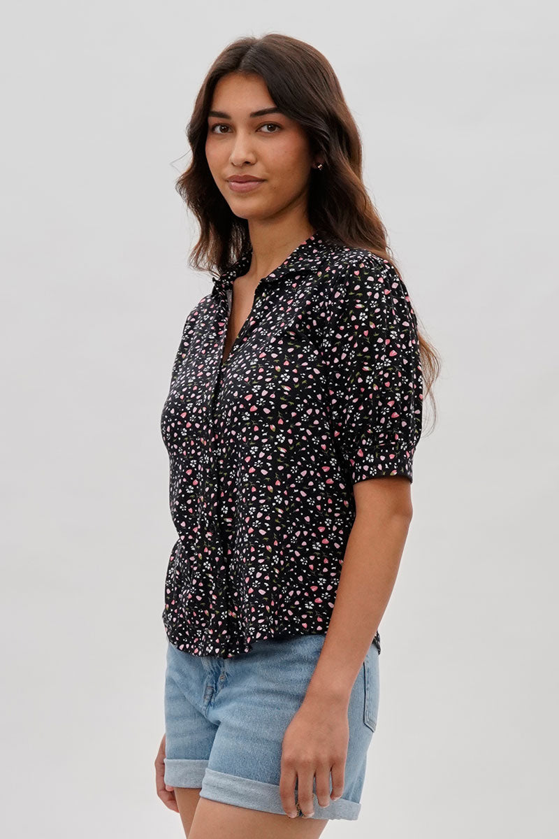 International INC Company Floral Puffer Sleeve Blouse - Black - Womens Shirts & Blouses - Fairweather