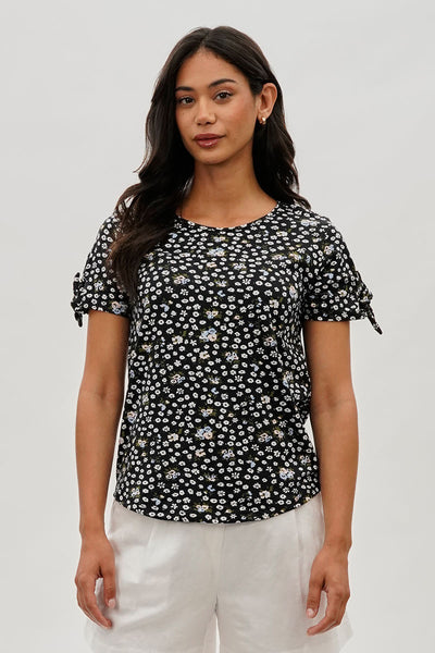 International INC Company Floral Tie Sleeve Tee - Black - Womens Tees & Tank Tops - Fairweather
