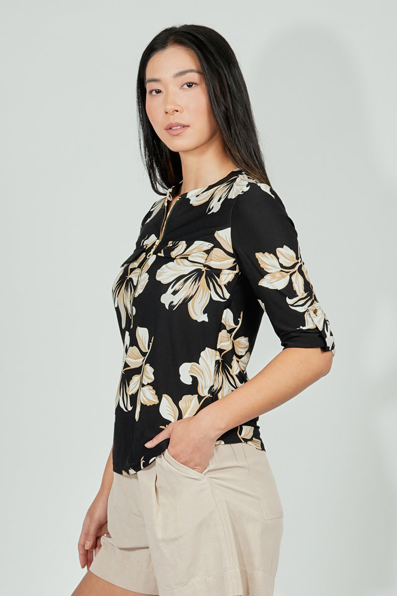 Beechers Brook Floral Roll Up Sleeve Half Zip Blouse - Black - Womens Shirts & Blouses - Fairweather