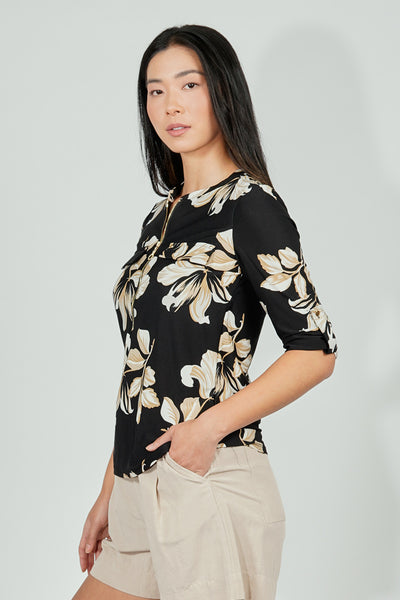 Beechers Brook Floral Roll Up Sleeve Half Zip Blouse - Black - Womens Shirts & Blouses - Fairweather