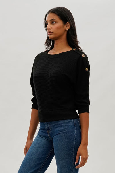 International INC Company Ribbed Shoulder Button Pullover Sweater - Black - Womens Pullover Sweaters - Fairweather