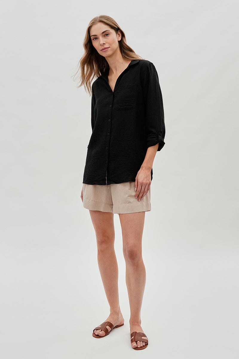 Super Triple Goose Vintage Textured Button Up Shirt - Black - Womens Shirts & Blouses - Fairweather