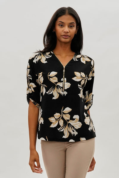 Beechers Brook Leaf Print Half Zip Blouse - Black - Womens Shirts & Blouses - Fairweather