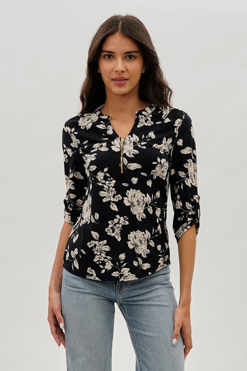 International INC Company Floral 1/4 Zip Blouse - Black - Womens Shirts & Blouses - Fairweather