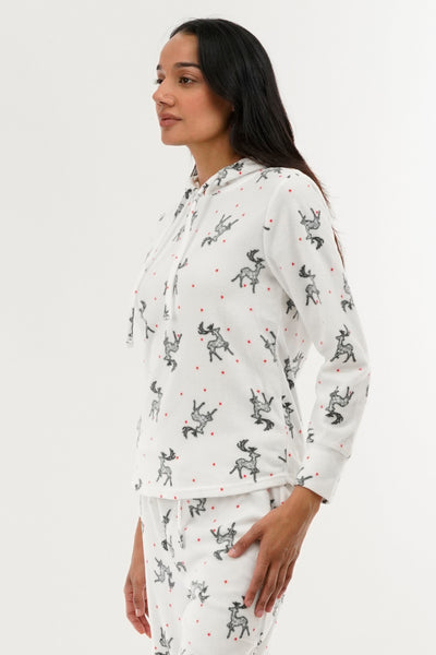 Canada Weather Gear Reindeer Print Hooded Pajama Top - White - Womens Pajamas - Fairweather