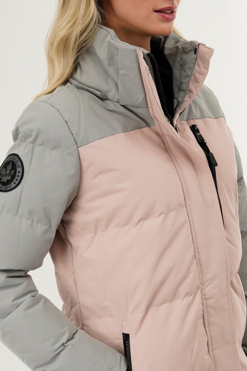 Camada Weather Gear Colour Block Puffer Parka Jacket - Pink - Womens Parka Jackets - Fairweather