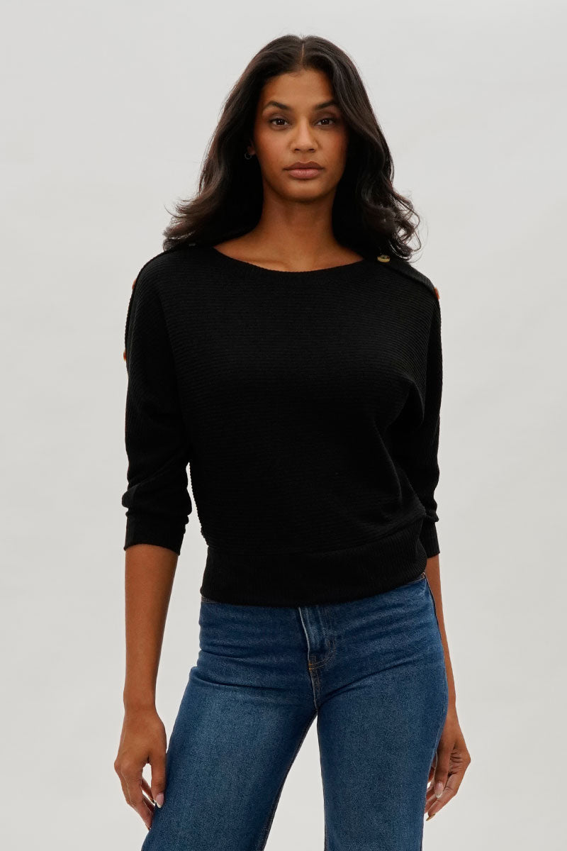 International INC Company Ribbed Shoulder Button Pullover Sweater - Black - Womens Pullover Sweaters - Fairweather