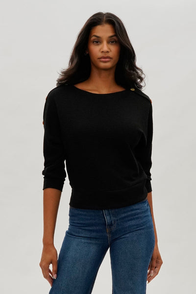 International INC Company Ribbed Shoulder Button Pullover Sweater - Black - Womens Pullover Sweaters - Fairweather