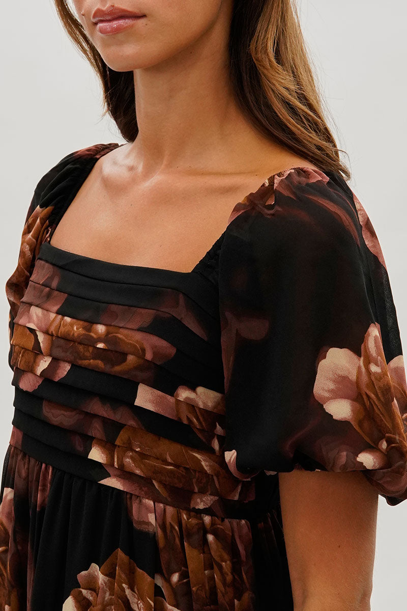 Beechers Brook Floral Pleated Square Neck Midi Dress - Black - Womens Midi Dresses - Fairweather