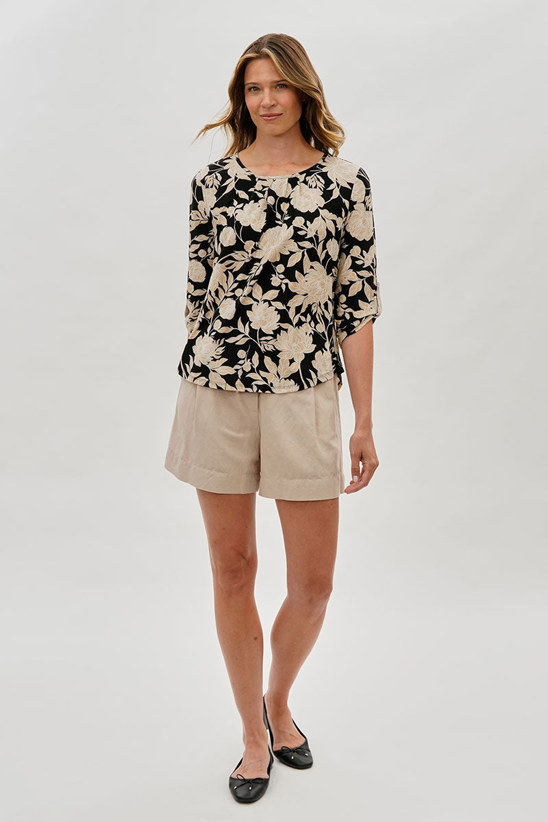 Beechers Brook Floral Roll Up Sleeve Blouse - Black - Womens Shirts & Blouses - Fairweather