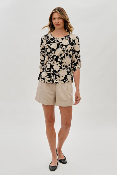 Beechers Brook Floral Roll Up Sleeve Blouse - Black - Womens Shirts & Blouses - Fairweather