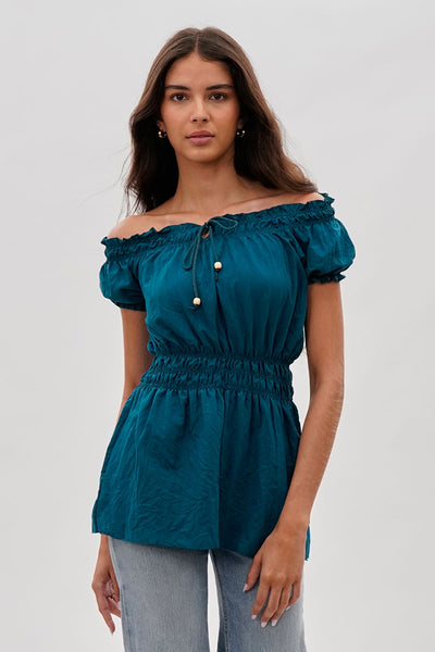 Runaway Bay Cinched Short Sleeve Blouse - Teal - Womens Shirts & Blouses - Fairweather