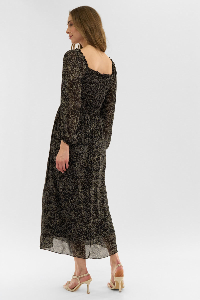 Costa Blanca Floral Long Sleeve Smocked Maxi Dress - Black - Womens Maxi Dresses - Fairweather