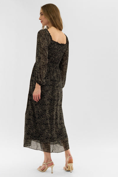 Costa Blanca Floral Long Sleeve Smocked Maxi Dress - Black - Womens Maxi Dresses - Fairweather