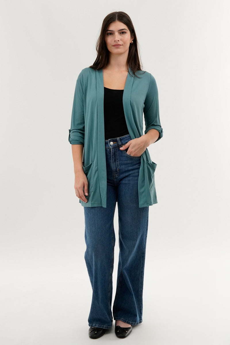 International INC Company Roll Up Sleeve Wrap Cardigan - Teal