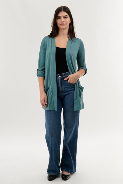 International INC Company Roll Up Sleeve Wrap Cardigan - Teal