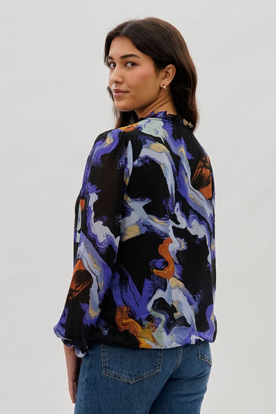 Costa Blanca Marble Print Ruffle Neck Blouse - Black - Womens Shirts & Blouses - Fairweather