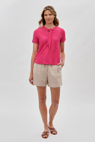 Beechers Brook Polka Dot Tie-Neck Short Sleeve Blouse - Pink - Womens Shirts & Blouses - Fairweather