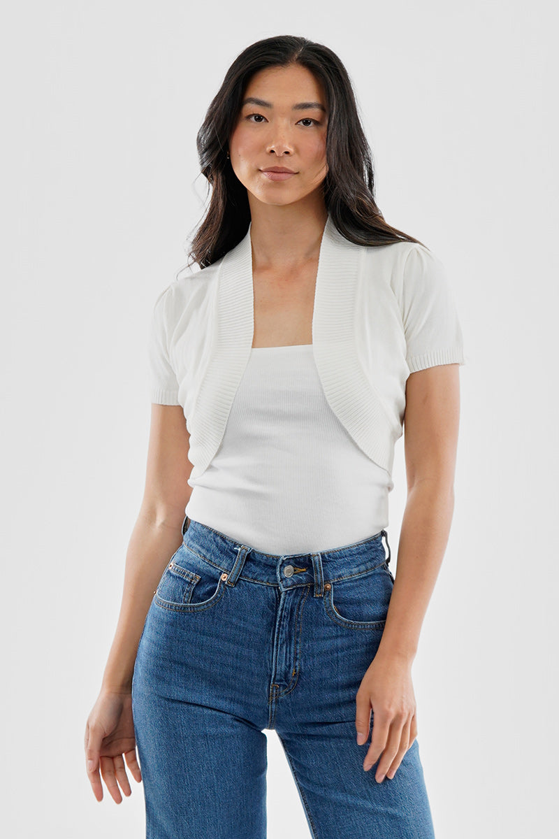 Beechers Brook Short Sleeve Open Front Shrug Cardigan - White - Womens Cardigans - Fairweather