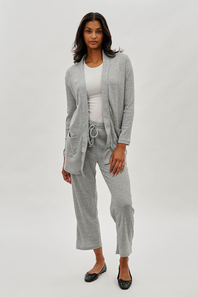 Open Front Waffle Knit Cardigan - Grey