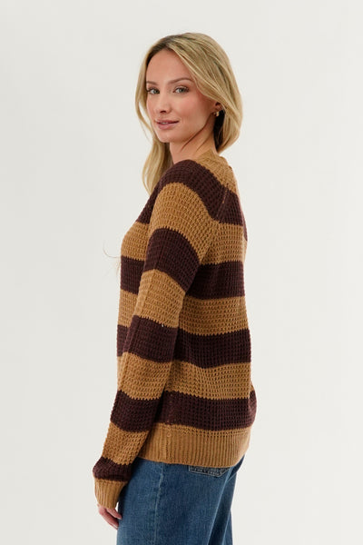 International INC Company Striped Knit Crewneck Pullover Sweater - Brown - Womens Pullover Sweaters - Fairweather