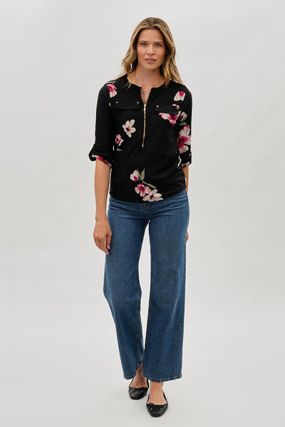 International INC Company Floral 1/4 Zip Shirt - Black - Womens Shirts & Blouses - Fairweather