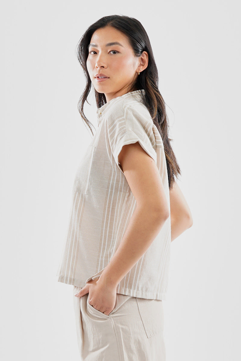 Beechers Brook Striped Button Up Short Sleeve Shirt - Beige - Womens Shirts & Blouses - Fairweather