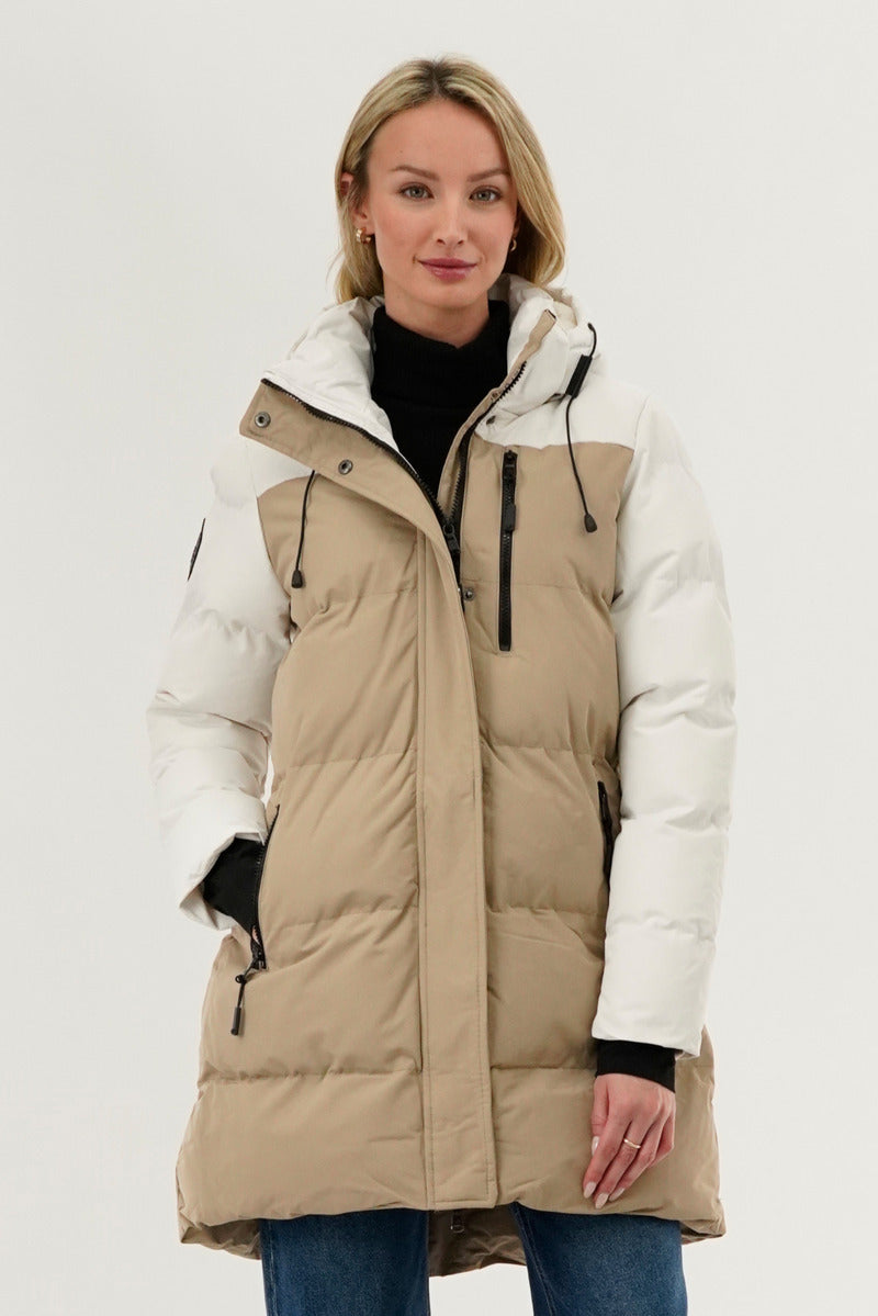 Camada Weather Gear Colour Block Puffer Parka Jacket - Beige - Womens Parka Jackets - Fairweather