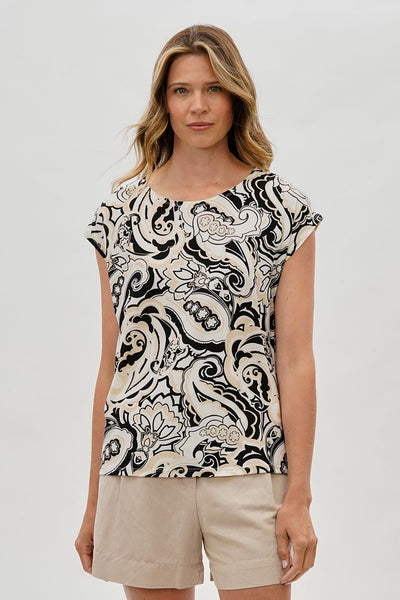 Beechers Brook Patterned Cap Sleeve Blouse - Beige - Womens Shirts & Blouses - Fairweather