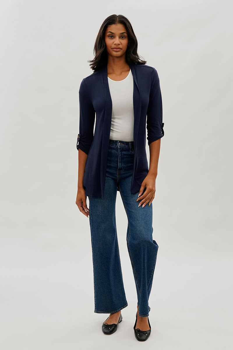 Fahrenheit Open Front Roll Up Sleeve Cardigan - Navy