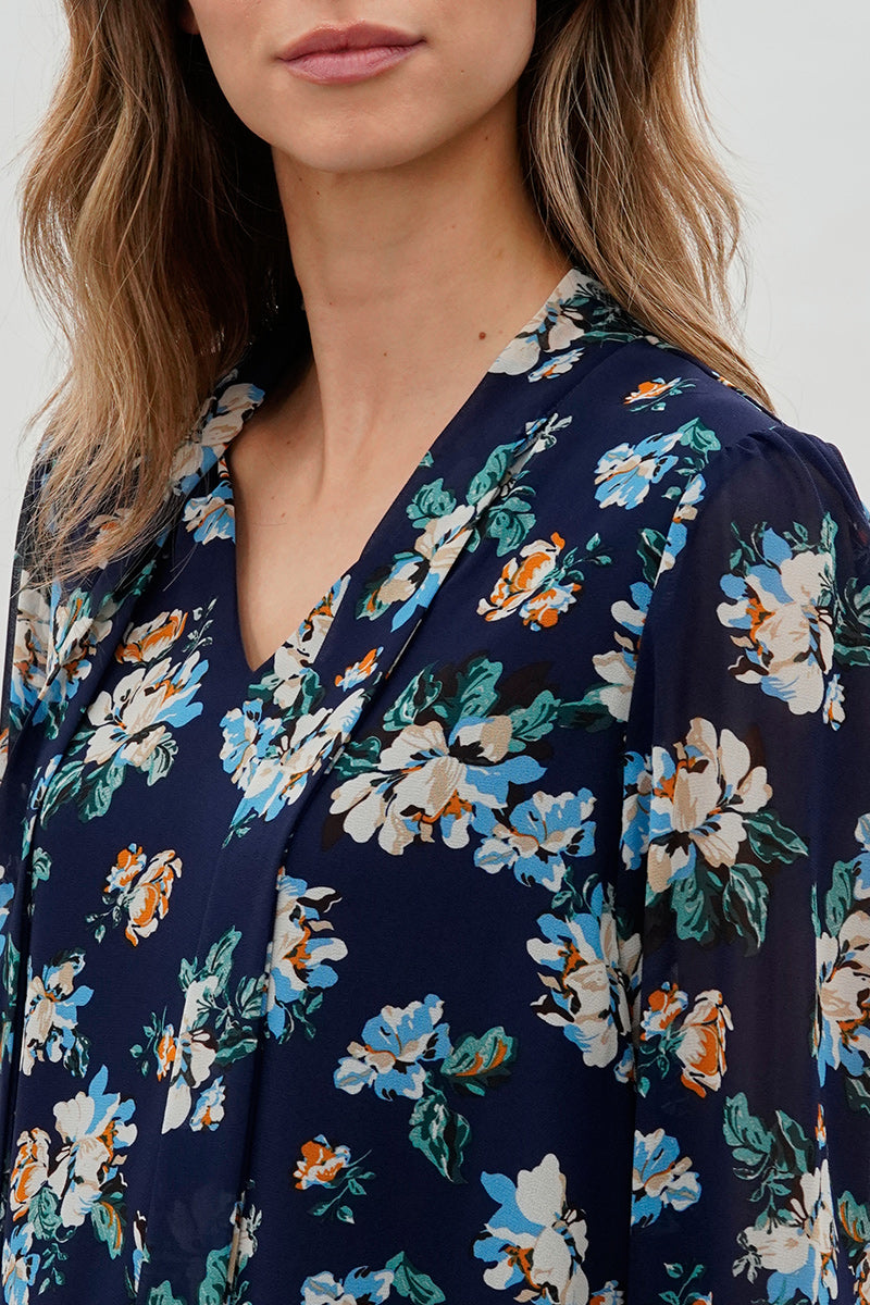 Beechers Brook Floral Tie-Neck Chiffon Blouse - Navy - Womens Shirts & Blouses - Fairweather