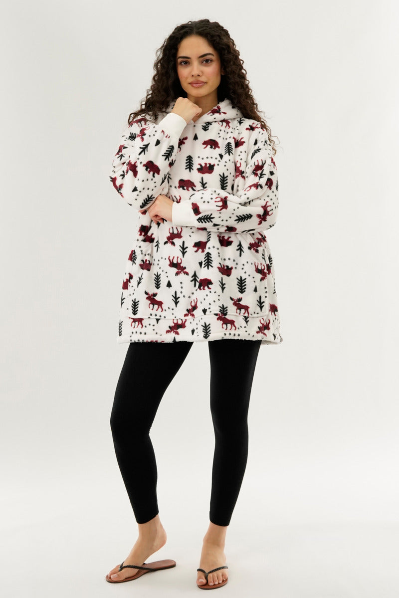 Canada Weather Gear Festive Print Oversided Hooded Pajama Top - White - Womens Pajamas - Fairweather