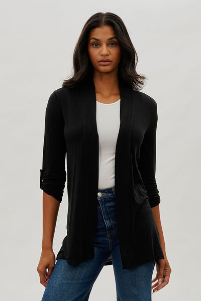 Fahrenheit Open Front Roll Up Sleeve Cardigan - Black - Womens Cardigans - Fairweather
