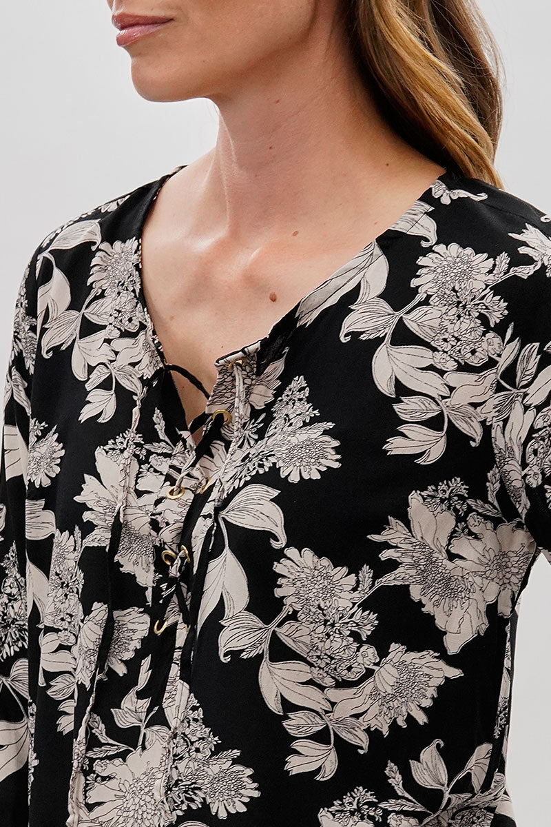 Beechers Brook Floral Lace Up Blouse - Black - Womens Shirts & Blouses - Fairweather