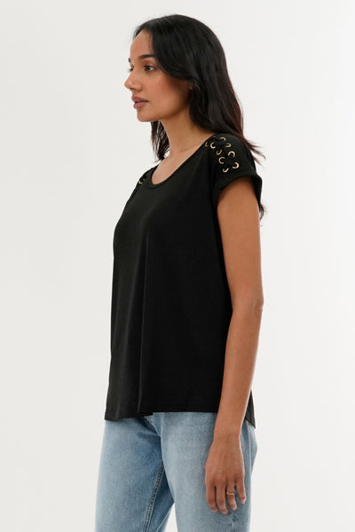 International INC Company Shoulder Lace Up Tee - Black - Womens Tees & Tank Tops - Fairweather