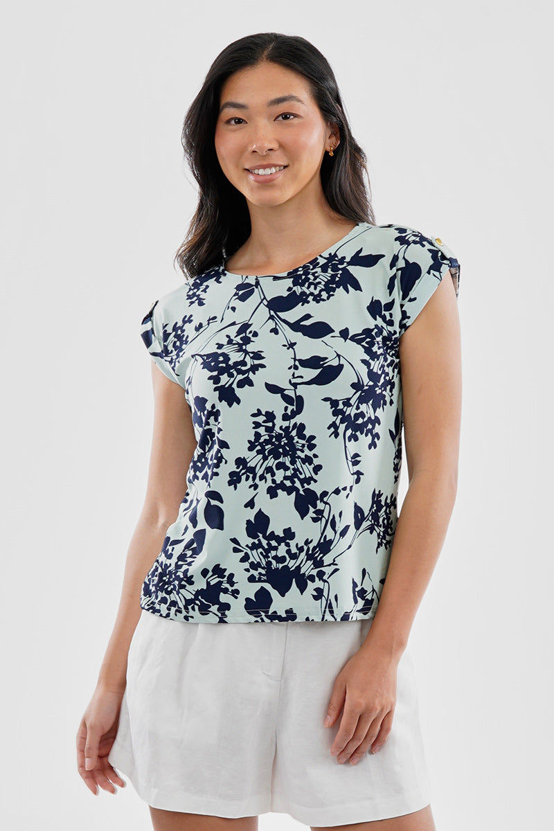Beechers Brook Floral Cap Sleeve Back Slit Tee - Aqua - Womens Tees & Tank Tops - Fairweather