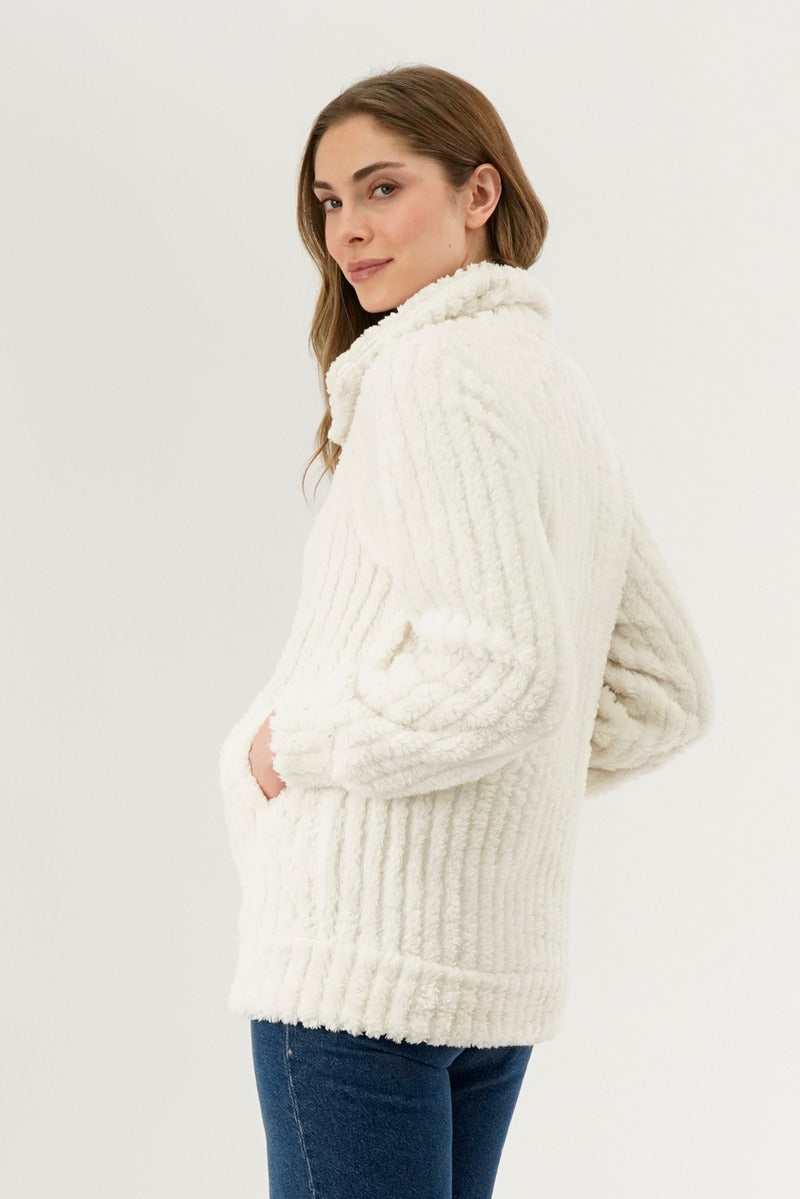 Fahrenheit Plush Zip Up Teddy Lightweight Jacket - White