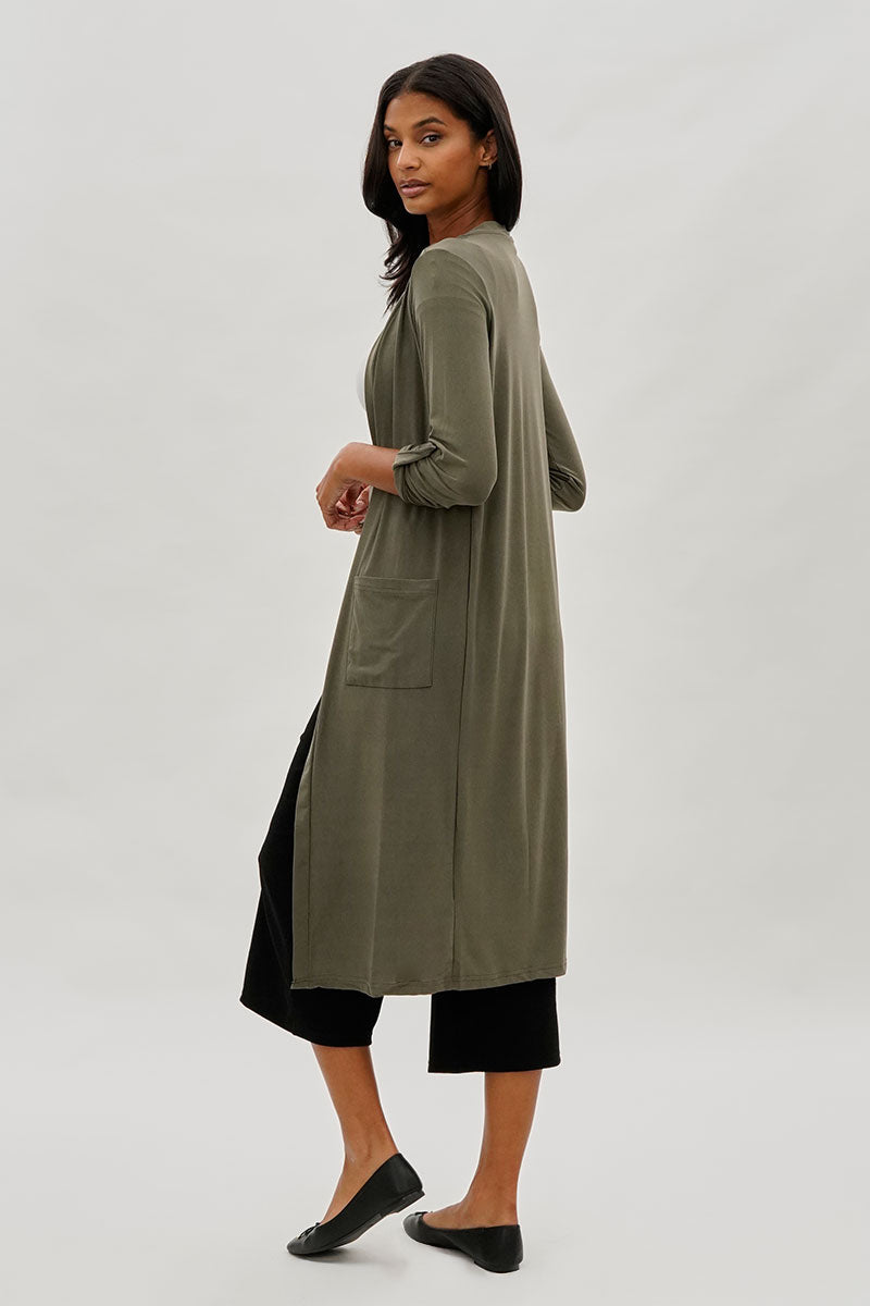 Limite Open Front Lightweight Duster Cardigan Olive