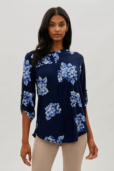 International INC Company Floral Roll Up Sleeve Blouse - Navy - Womens Shirts & Blouses - Fairweather