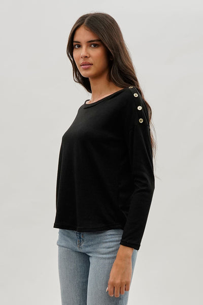 International INC Company Boat Neck Button Detail Pullover Sweater - Black - Womens Pullover Sweaters - Fairweather