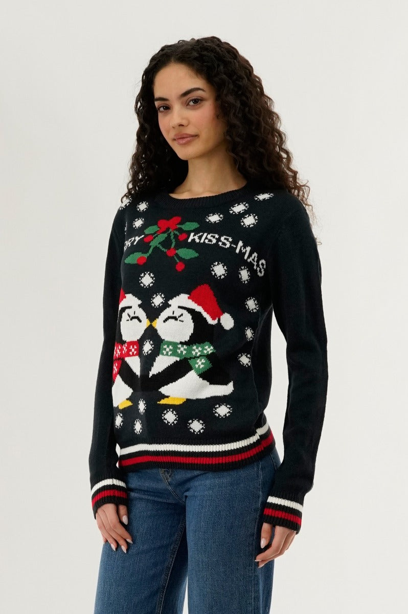 Festive Merry Kiss Mas Christmas Sweater - Black - Womens Christmas Sweaters - Fairweather