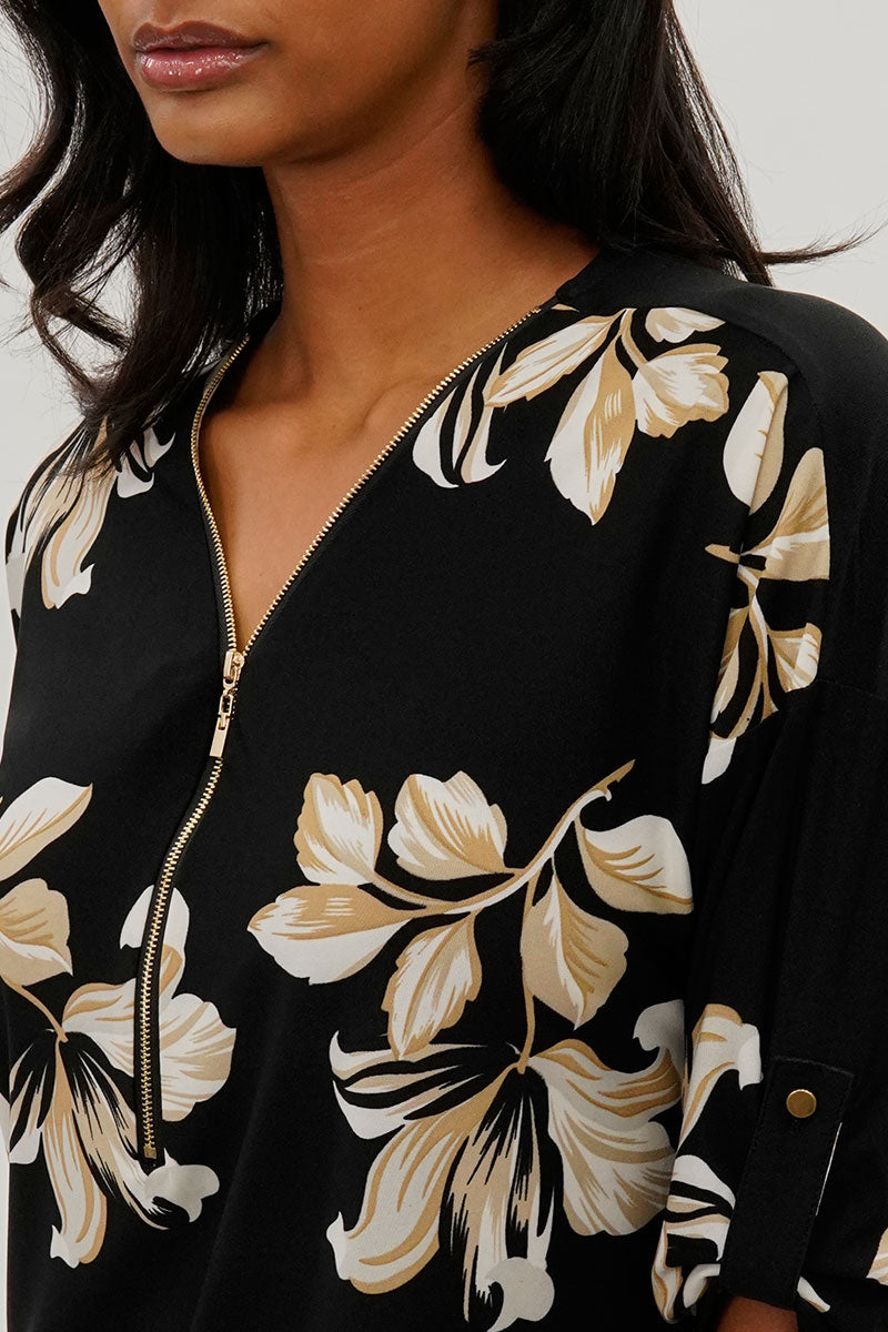 Beechers Brook Leaf Print Half Zip Blouse - Black - Womens Shirts & Blouses - Fairweather