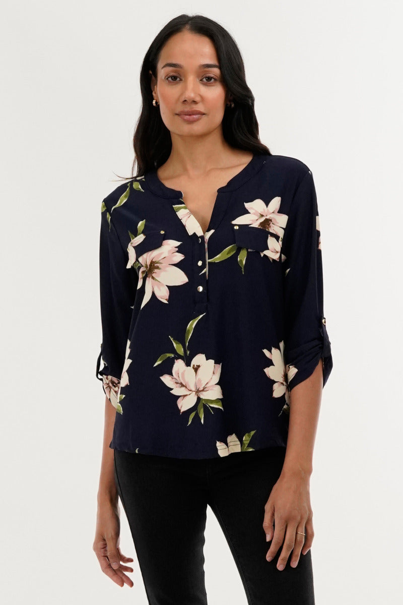 International INC Company Floral Split Neck Blouse - Navy - Womens Shirts & Blouses - Fairweather