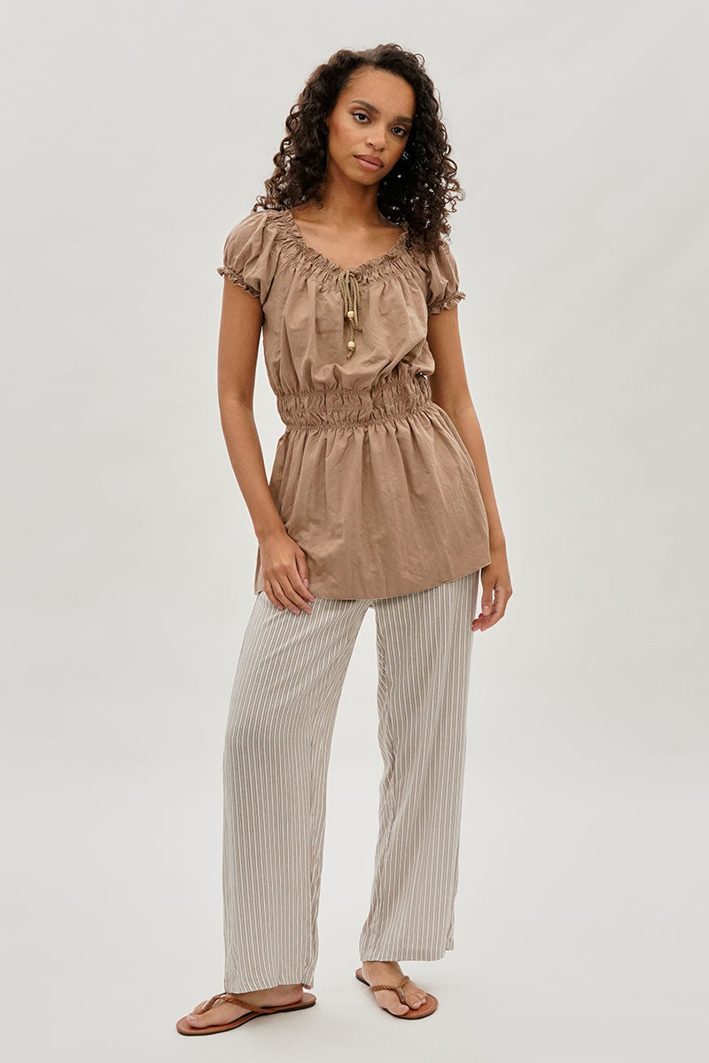 Runaway Bay Cinched Short Sleeve Blouse - Taupe - Womens Shirts & Blouses - Fairweather