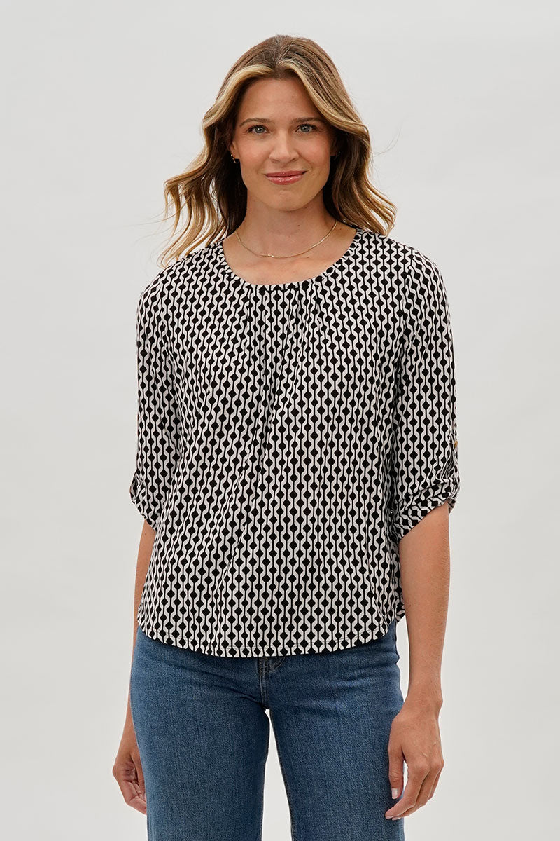 Beechers Brook Patterned Roll Up Sleeve Blouse - White - Womens Shirts & Blouses - Fairweather