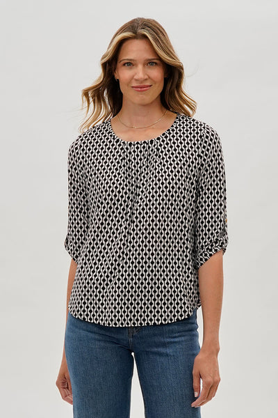 Beechers Brook Patterned Roll Up Sleeve Blouse - White - Womens Shirts & Blouses - Fairweather