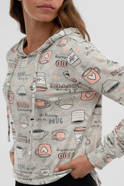 Canada Weather Gear Coffee Print Hooded Pajama Top - Grey - Womens Pajamas - Fairweather